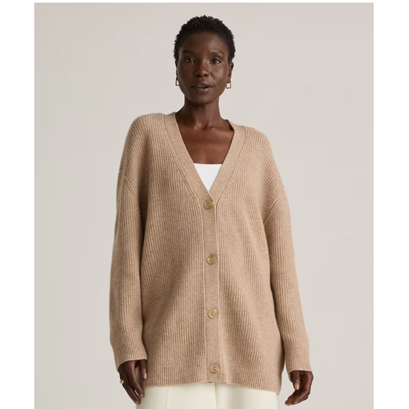 Quince Women Mongolian Cashmere Oversized Boyfriend Cardigan Oatmeal Tan L - Picture 1 of 9